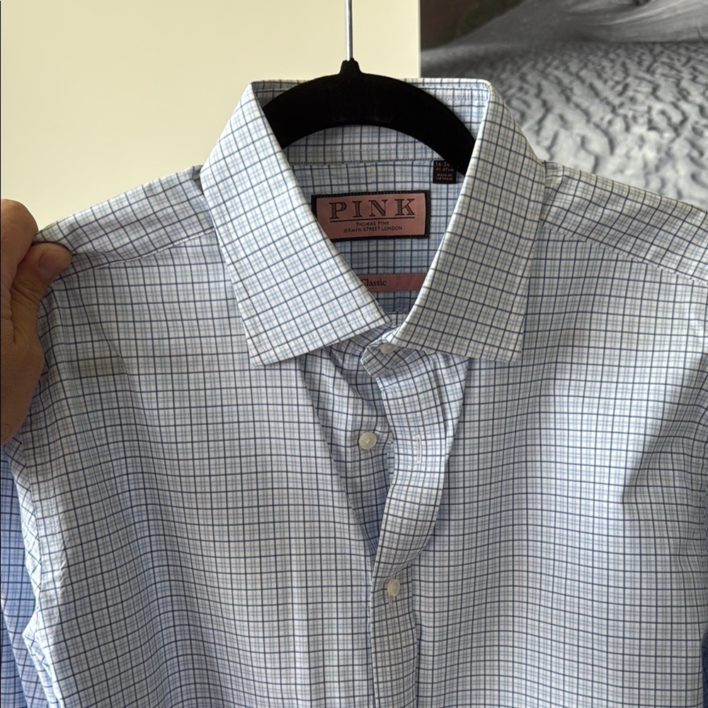 Thomas Pink Blue Dress Shirt with Checkered Pattern